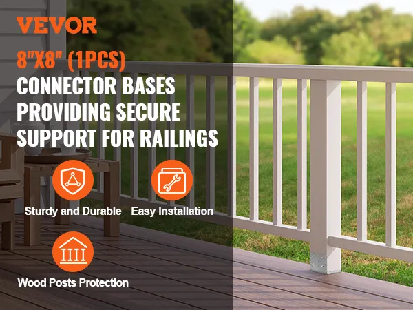 VEVOR post base showcased with wooden railing, easy installation, and wood post protection features.