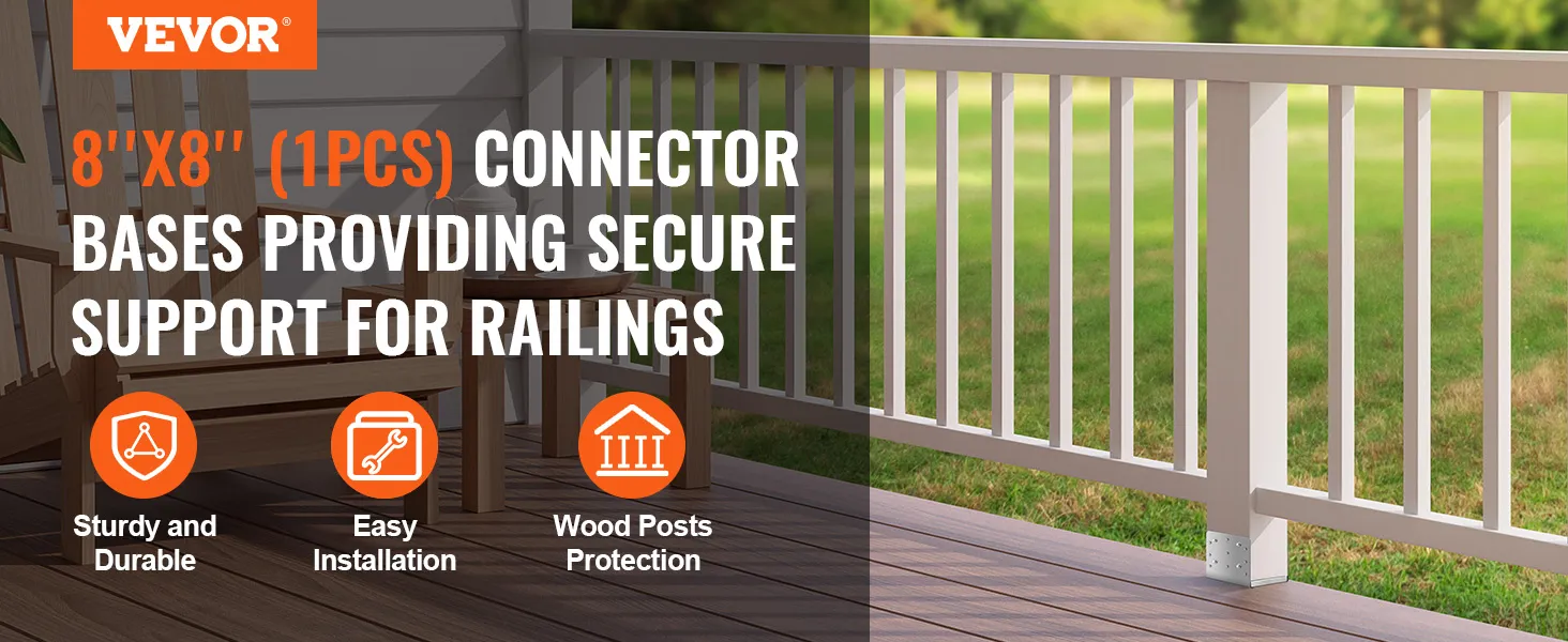 VEVOR post base showcased with wooden railing, easy installation, and wood post protection features.