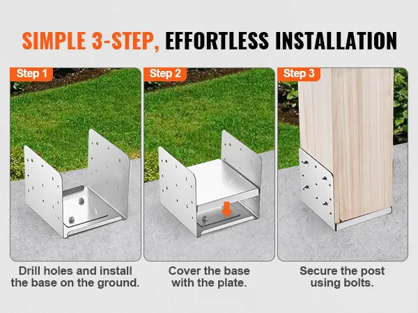 VEVOR post base installation guide showing three steps with images: drill, cover, and secure.