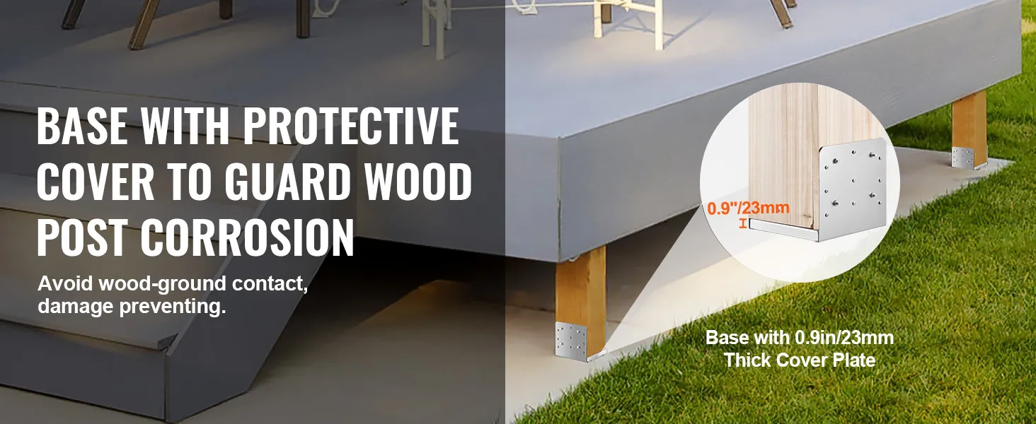base with protective cover to guard wood post corrosion, highlighting VEVOR post base features.