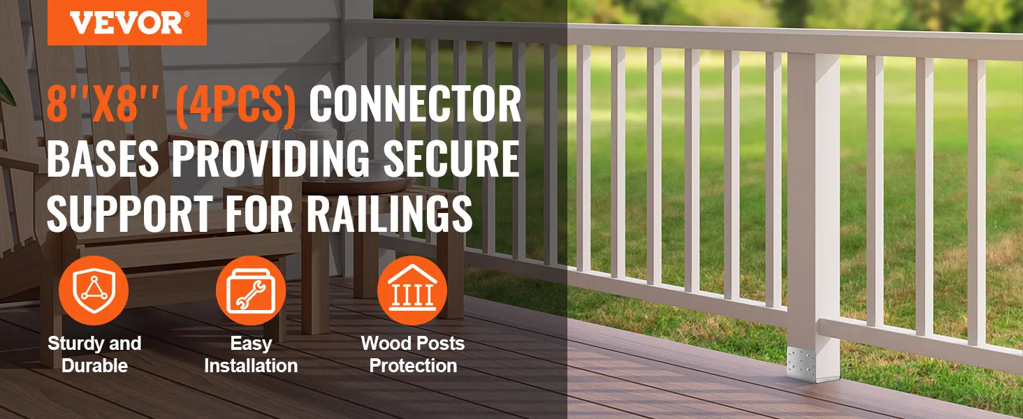 VEVOR post anchor bracket, 8"x8" connector bases for securing railing, sturdy, easy installation, wood protection.