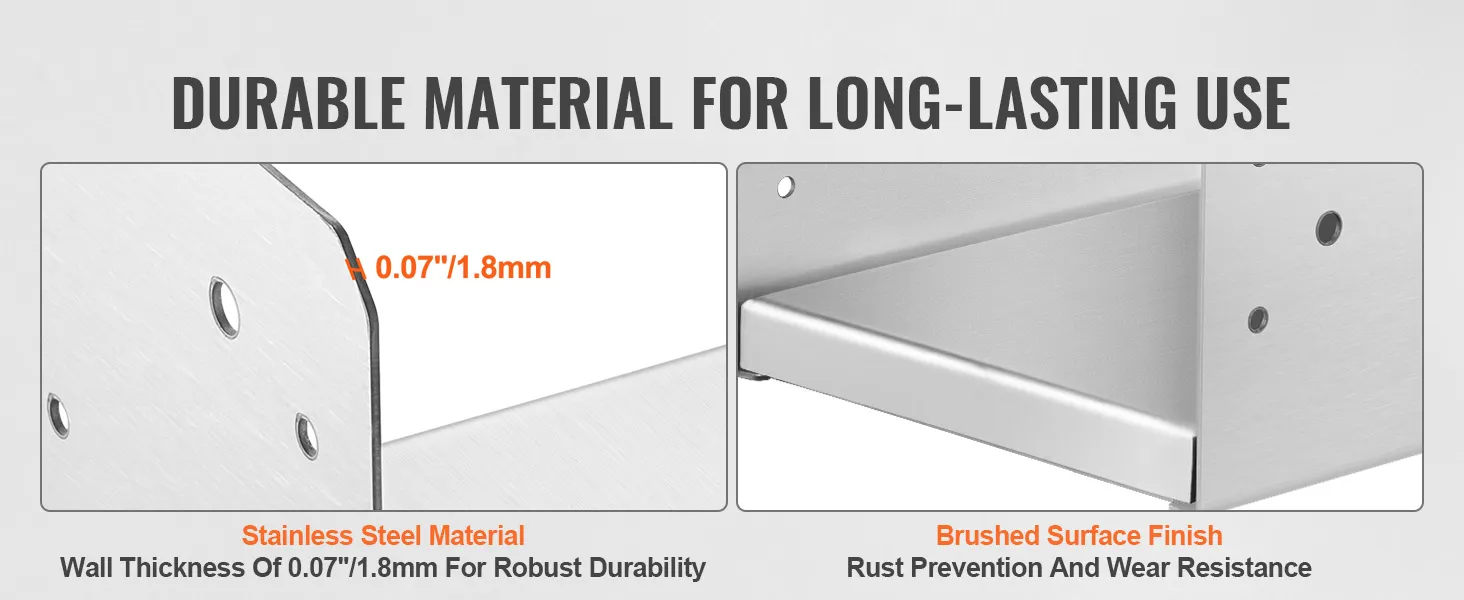 durable stainless steel VEVOR post anchor bracket with 0.07"/1.8mm wall thickness and brushed surface.