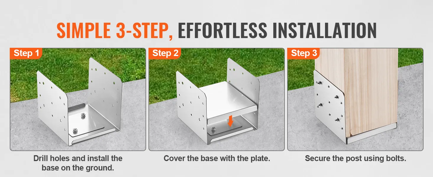 simple 3-step installation process for VEVOR post anchor bracket on concrete base with wooden post.