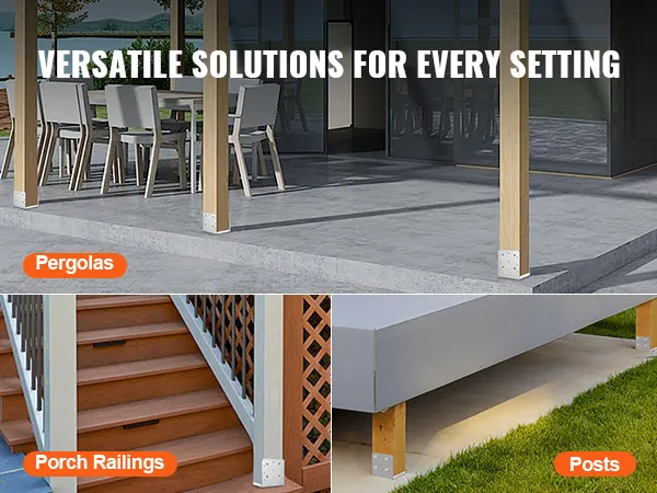 versatile solutions: pergolas supported by VEVOR post anchor brackets, porch railings, and posts.