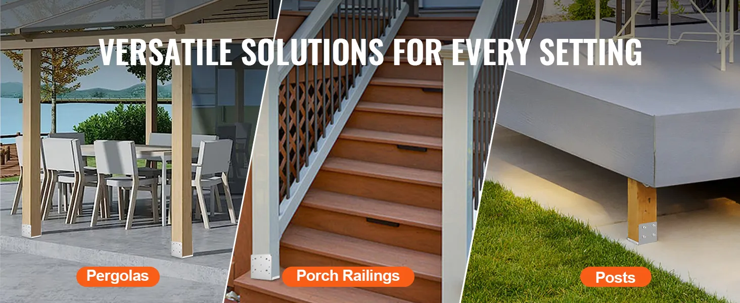 versatile solutions: pergolas supported by VEVOR post anchor brackets, porch railings, and posts.