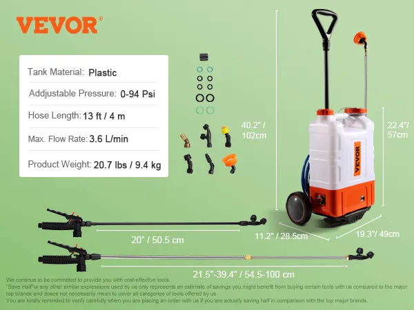VEVOR rugspuit met kunststof tank, regelbare druk, 4 meter lange slang en diverse opzetstukken.