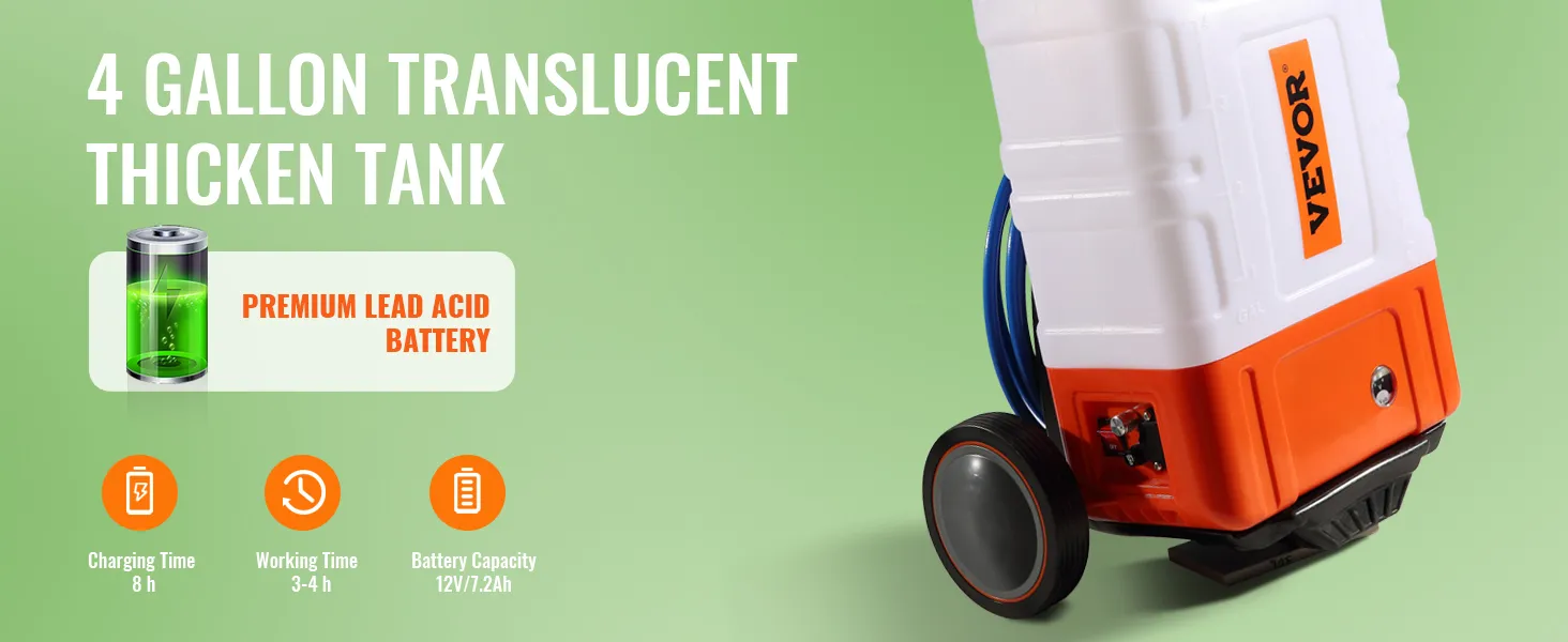 VEVOR backpack sprayer with 4-gallon translucent tank and premium lead acid battery. working time 3-4h.