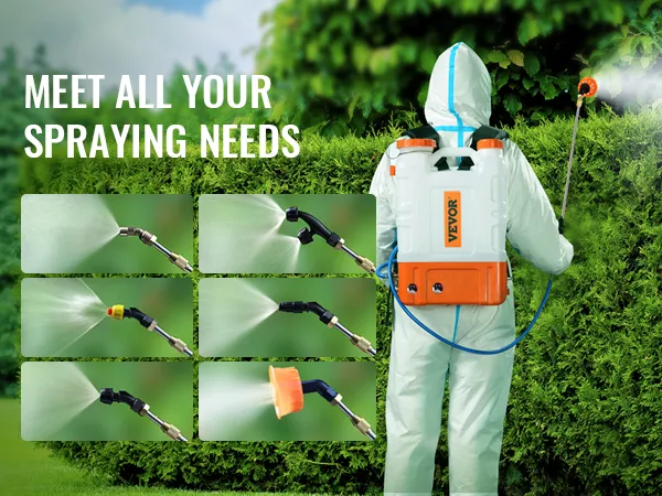 persoon die een VEVOR rugspuit gebruikt op weelderige groene heggen, waarbij hij verschillende sproeikoppen laat zien.