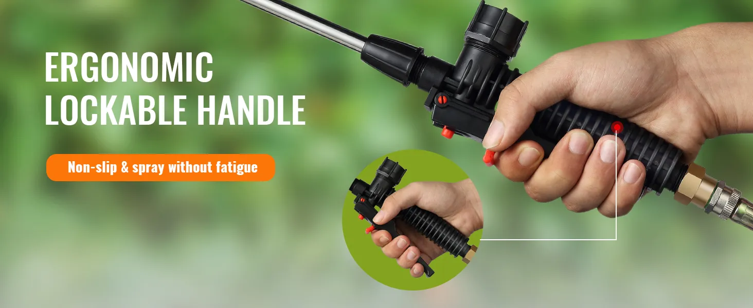 ergonomic lockable handle of VEVOR backpack sprayer, non-slip and spray without fatigue.
