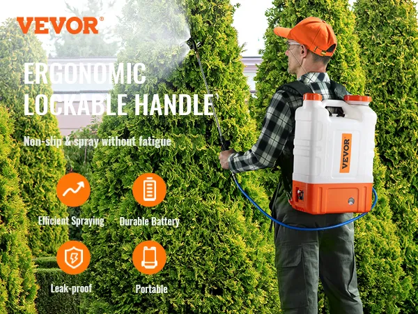 VEVOR rugspuit in gebruik, een voorbeeld van efficiënt spuiten en draagbaarheid in een weelderige tuin.