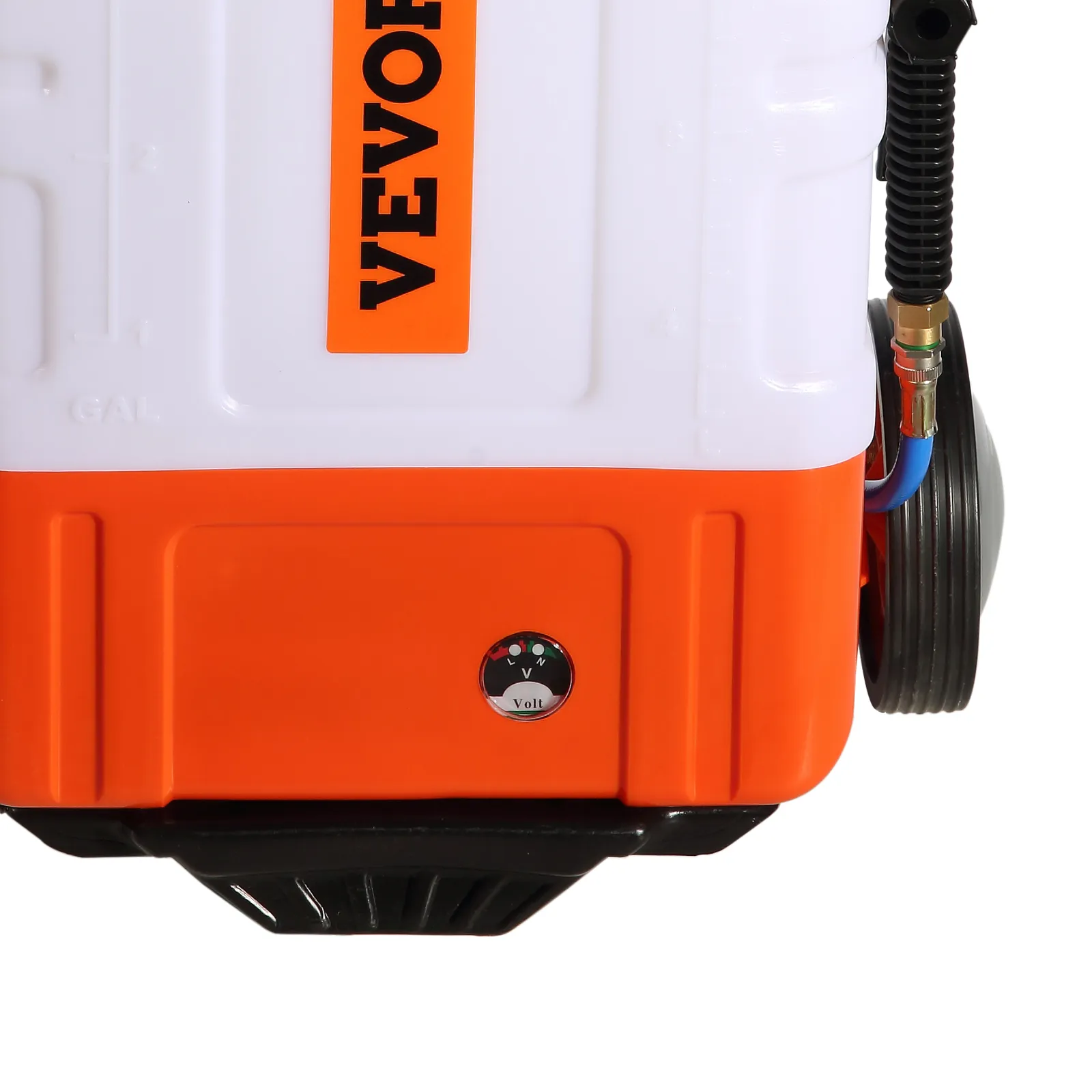 VEVOR backpack sprayer with orange base, white tank and voltmeter gauge.