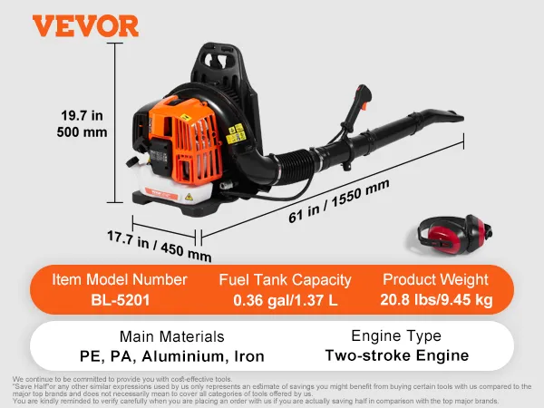 VEVOR backpack leaf blower bl-5201, 0.36 gal fuel tank, 20.8 lbs, two-stroke engine, pe, pa, aluminum, iron.