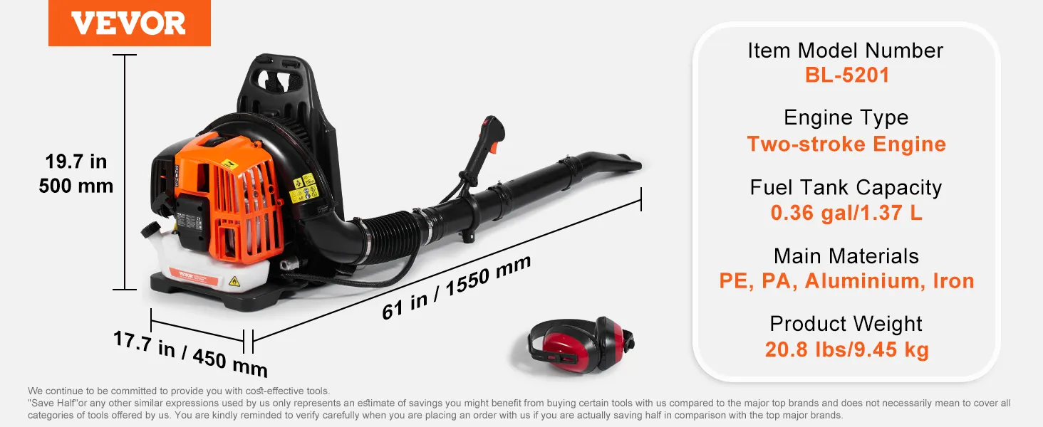 VEVOR backpack leaf blower bl-5201, 0.36 gal fuel tank, 20.8 lbs, two-stroke engine, pe, pa, aluminum, iron.