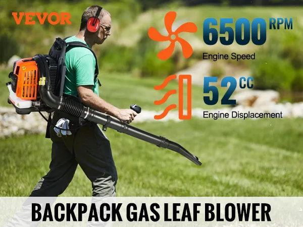 man operating VEVOR backpack leaf blower in garden; specs: 480cfm, 175mph, 6500rpm, 52cc engine.