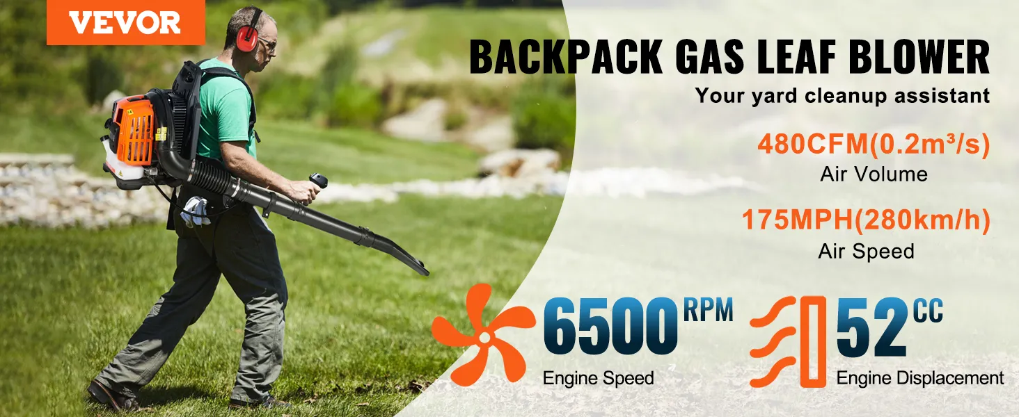 man operating VEVOR backpack leaf blower in garden; specs: 480cfm, 175mph, 6500rpm, 52cc engine.