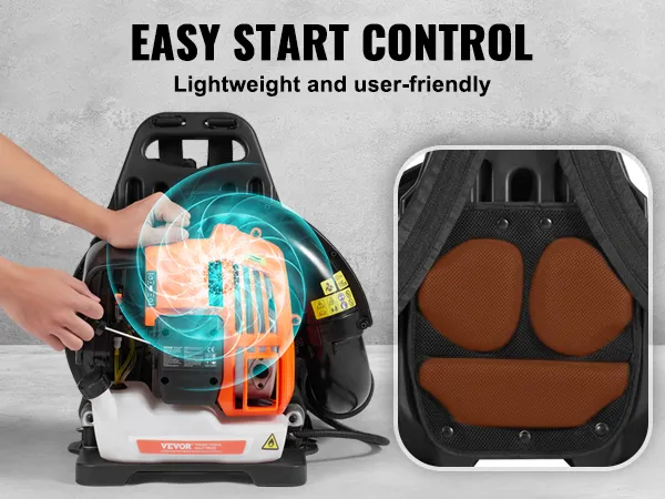 VEVOR backpack leaf blower features easy start control, adjustable airflow handle, and padded straps for comfort.