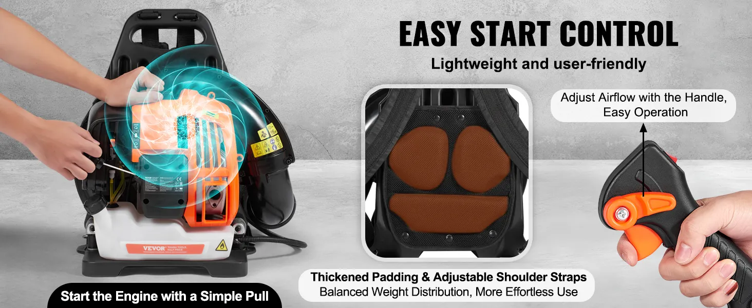 VEVOR backpack leaf blower features easy start control, adjustable airflow handle, and padded straps for comfort.