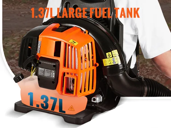 VEVOR backpack leaf blower with 1.37l fuel tank for high fuel efficiency and long-lasting usage.