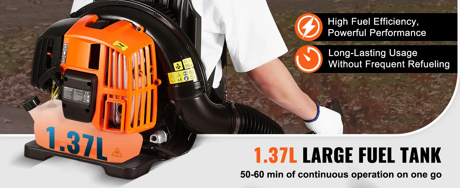 VEVOR backpack leaf blower with 1.37l fuel tank for high fuel efficiency and long-lasting usage.