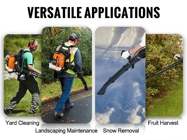 versatile applications of the VEVOR backpack leaf blower: yard cleaning, landscaping, snow removal, fruit harvest.