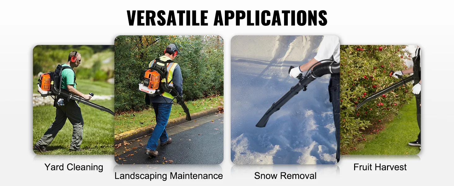 versatile applications of the VEVOR backpack leaf blower: yard cleaning, landscaping, snow removal, fruit harvest.