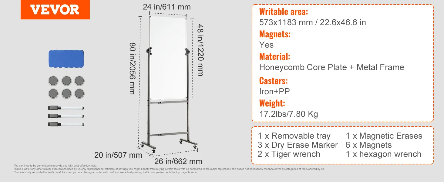 Magnetyczna tablica suchościeralna VEVOR o wymiarach 24 x 48 cali, z kółkami, markerami, gąbką i magnesami w zestawie.