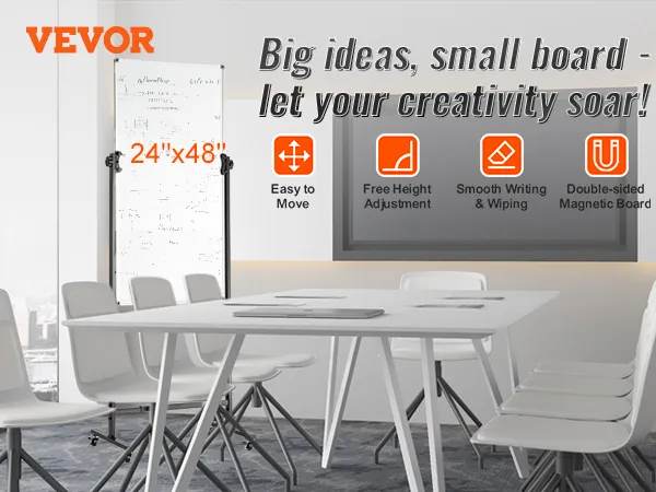Das rollbare magnetische Whiteboard von VEVOR hebt seine Funktionen in einem Büro mit Stühlen und einem Tisch hervor.