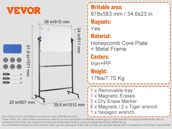 VEVOR rolling magnetic whiteboard, 34.6x23in writable area, 6 magnets, dry erase markers, mobile stand.