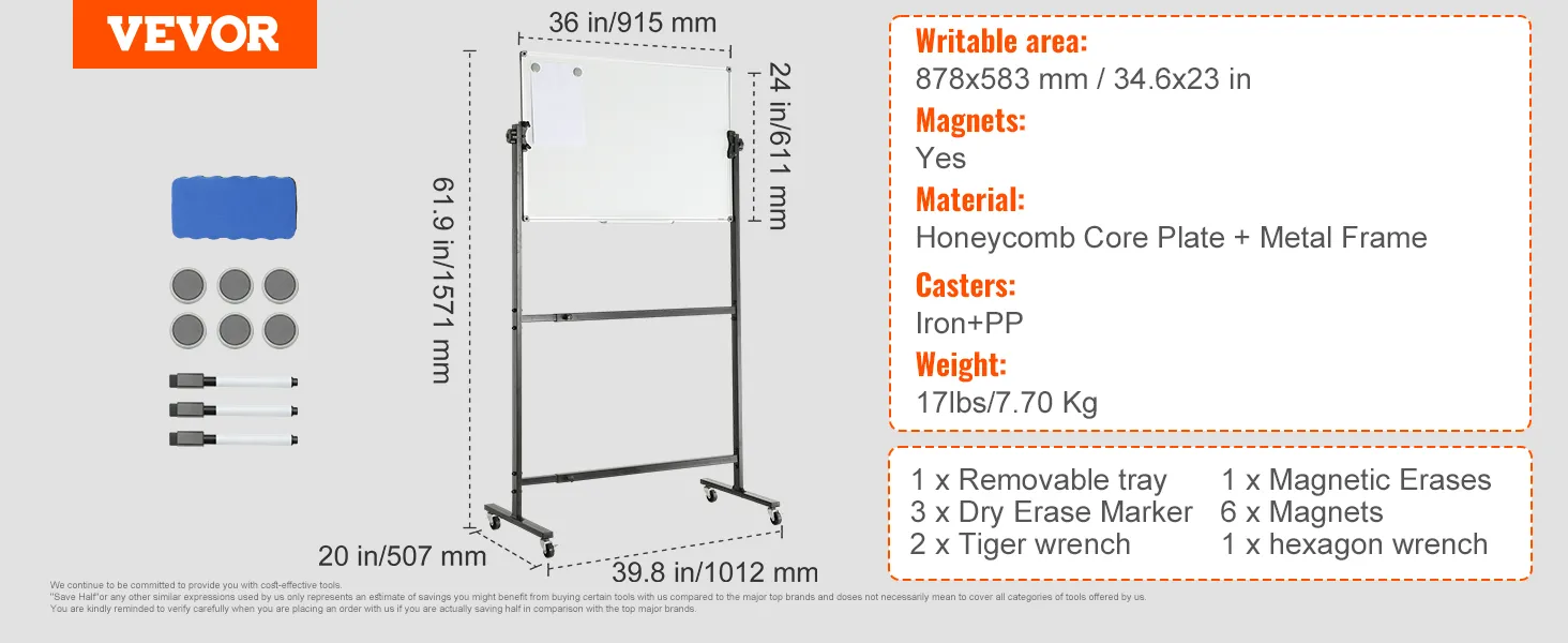 VEVOR rolling magnetic whiteboard, 34.6x23in writable area, 6 magnets, dry erase markers, mobile stand.