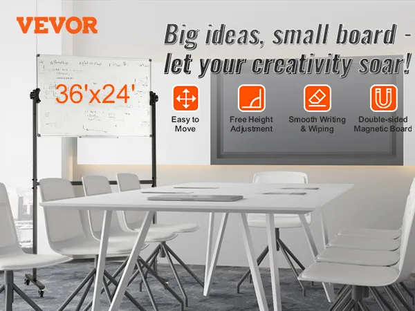 VEVOR rolling magnetic whiteboard in a modern office, showcasing features like easy mobility and height adjustment.
