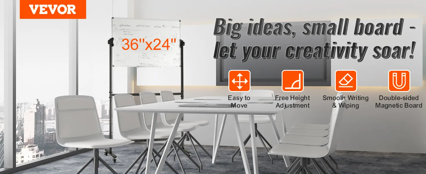 VEVOR rolling magnetic whiteboard in a modern office, showcasing features like easy mobility and height adjustment.