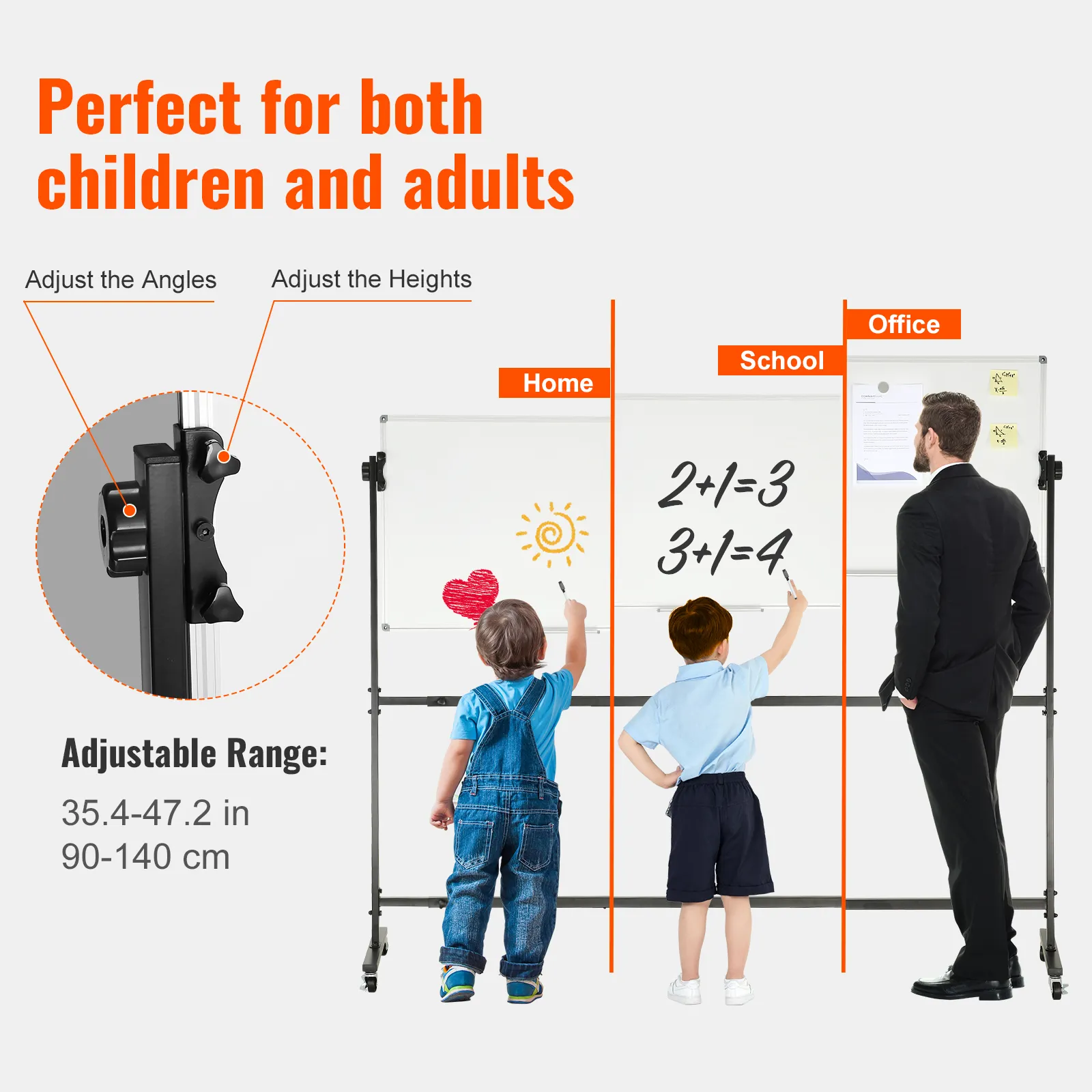 VEVOR rolling magnetic whiteboard for home, school, office use, adjustable height and angle, suitable for all.