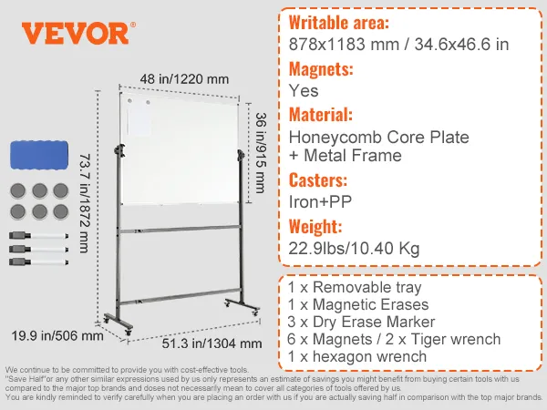 VEVOR rolling magnetic whiteboard, 48"x36", honeycomb core, iron casters, tray, markers, magnets.