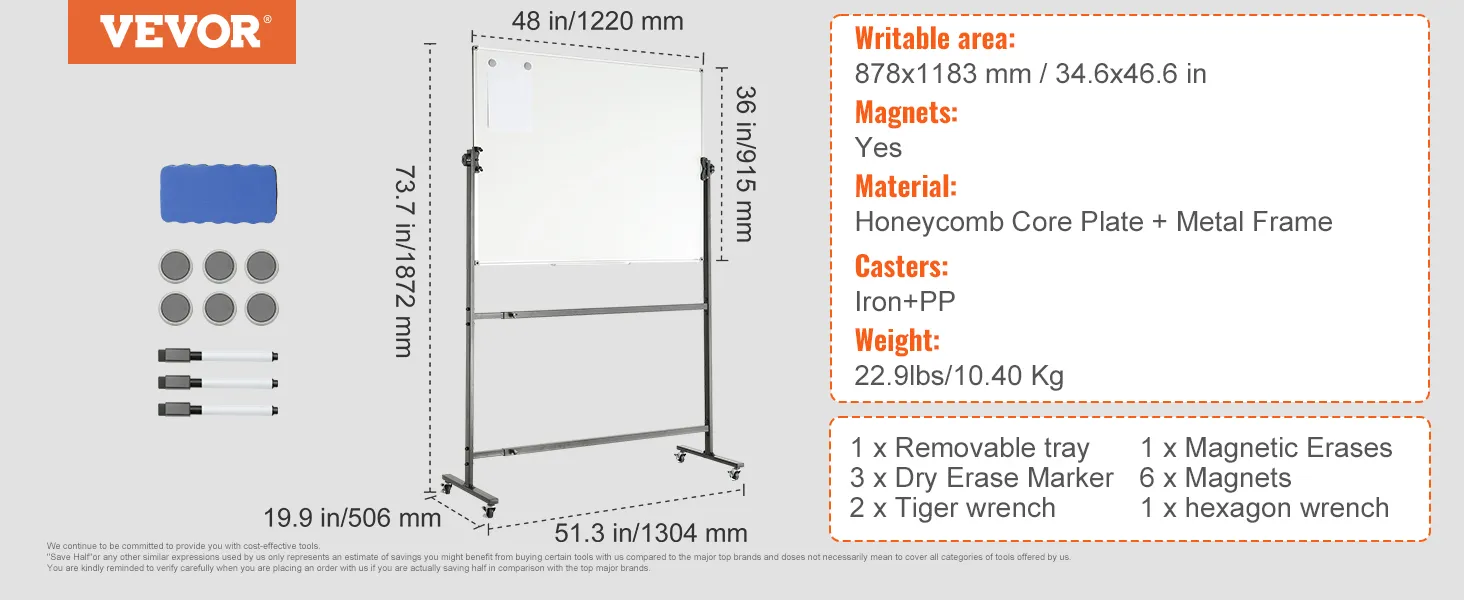 VEVOR rolling magnetic whiteboard, 48"x36", honeycomb core, iron casters, tray, markers, magnets.