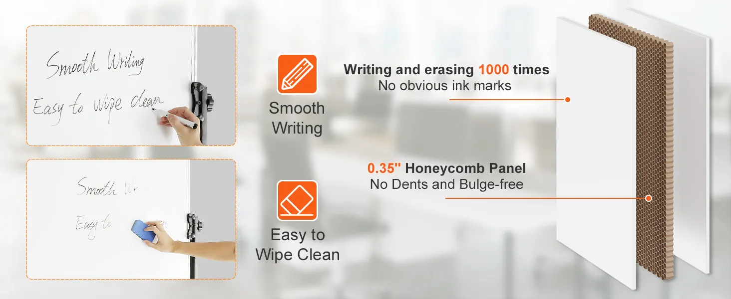 VEVOR rolling magnetic whiteboard with smooth writing, easy wipe clean, dent-resistant honeycomb panel.