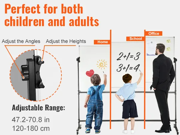 VEVOR rolling magnetic whiteboard, adjustable height and angle, perfect for home, school, and office.