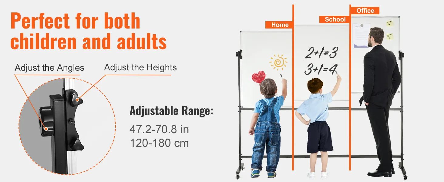 VEVOR rolling magnetic whiteboard, adjustable height and angle, perfect for home, school, and office.
