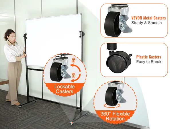 VEVOR rolling magnetic whiteboard with lockable metal casters, 360° rotation in an office setting.