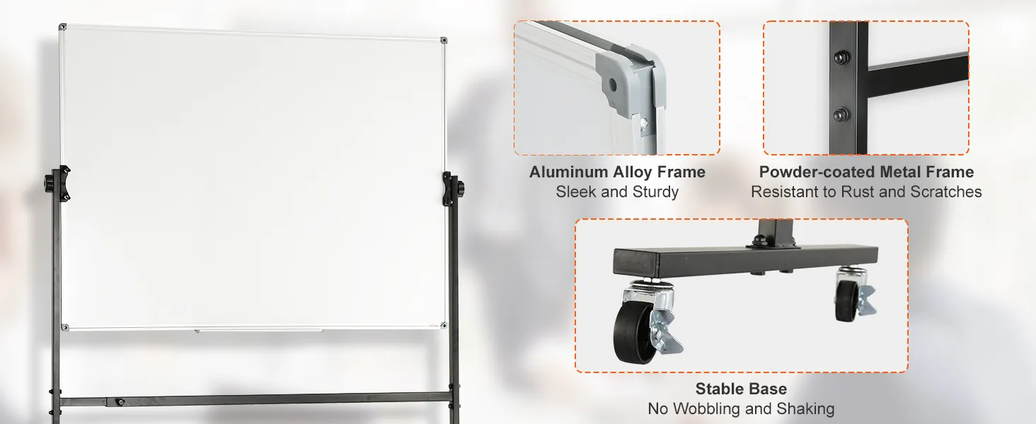 VEVOR rolling magnetic whiteboard with aluminum alloy frame, powder-coated metal base, and stable wheels.
