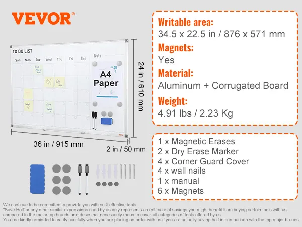 VEVOR kalender-whiteboardset met accessoires; 34,5 x 22,5 inch beschrijfbaar oppervlak; aluminium en golfkarton.