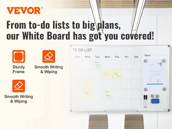 VEVOR-kalenderwhiteboard op kantoor, in de zithoek, met to-do-lijst, notitieblokken en magneetbord.