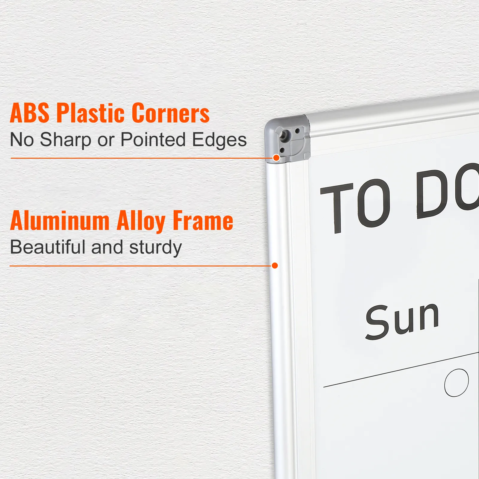 VEVOR calendar whiteboard with abs plastic corners and an aluminum alloy frame for a sturdy build.