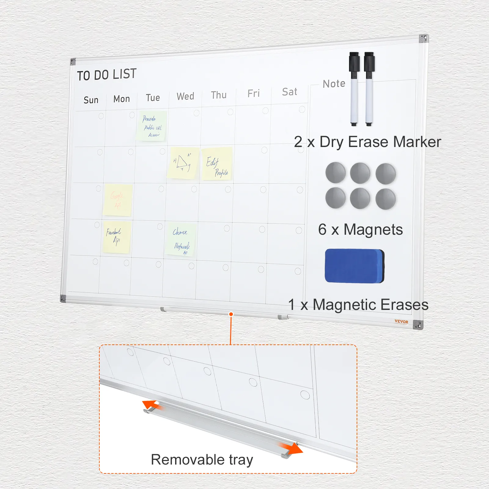 VEVOR calendar whiteboard with dry erase markers, magnets, magnetic eraser, and removable tray.