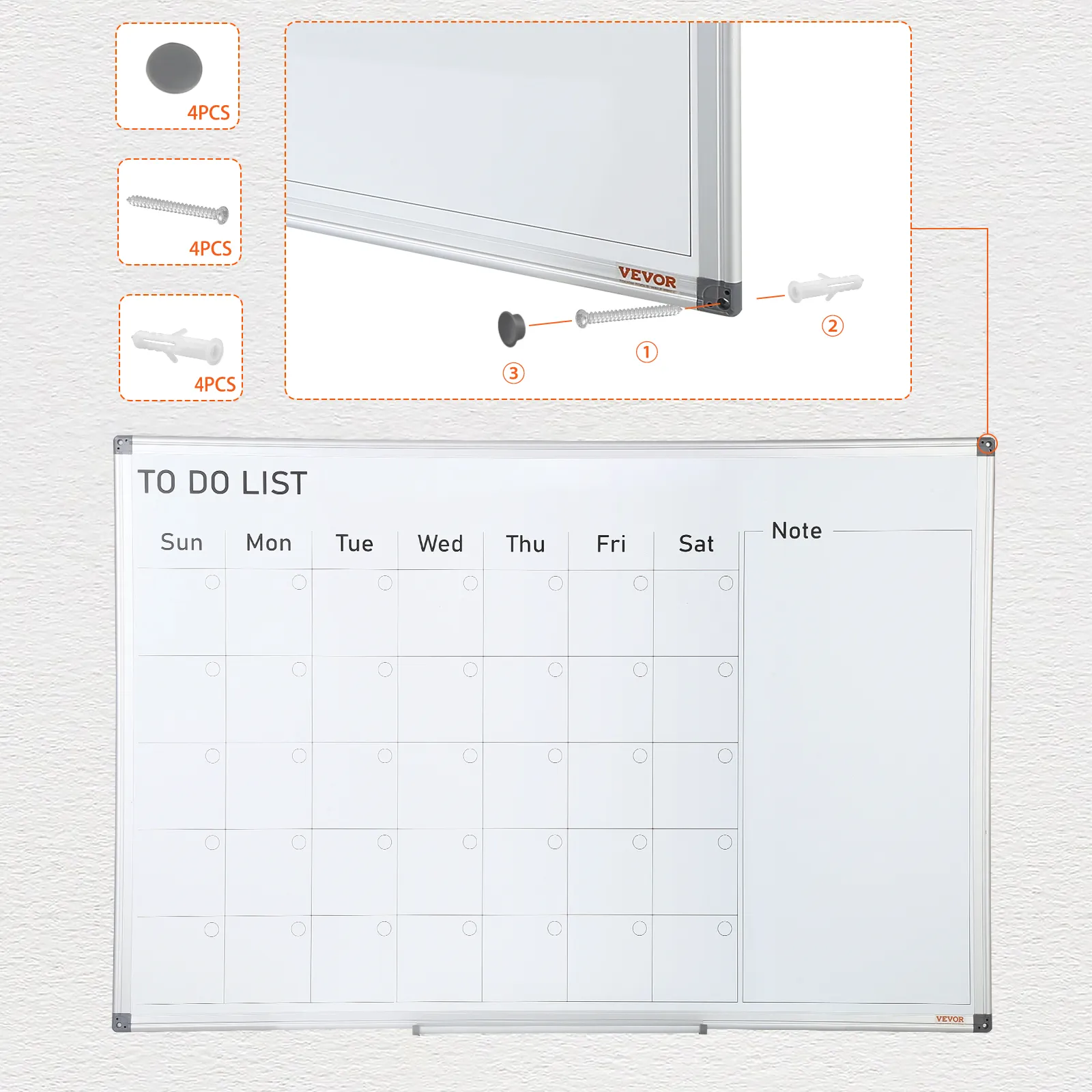 VEVOR calendar whiteboard with mounting accessories, featuring a weekly planner and notes section.