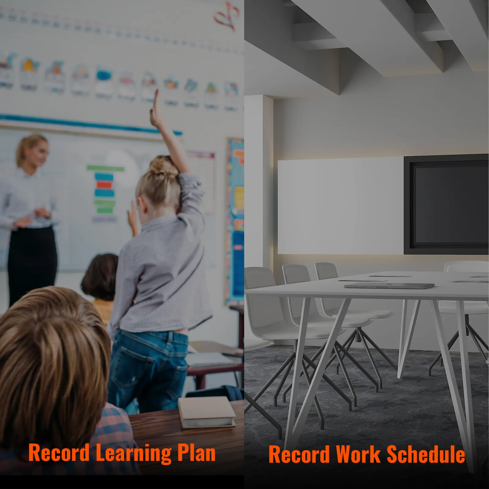 classroom scene with student raising hand and conference room with VEVOR calendar whiteboard. record learning plan. record work schedule.
