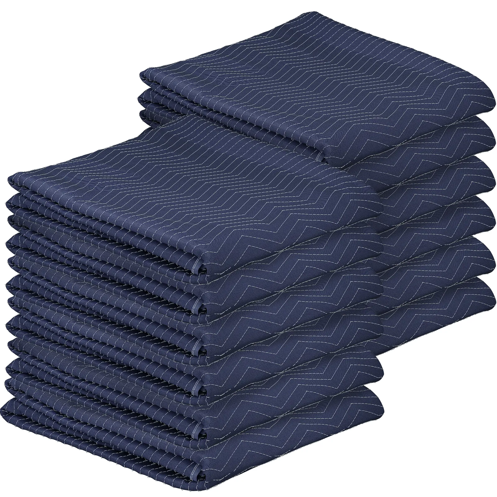 pila de mantas de mudanza VEVOR dobladas en azul marino con costuras en zigzag.