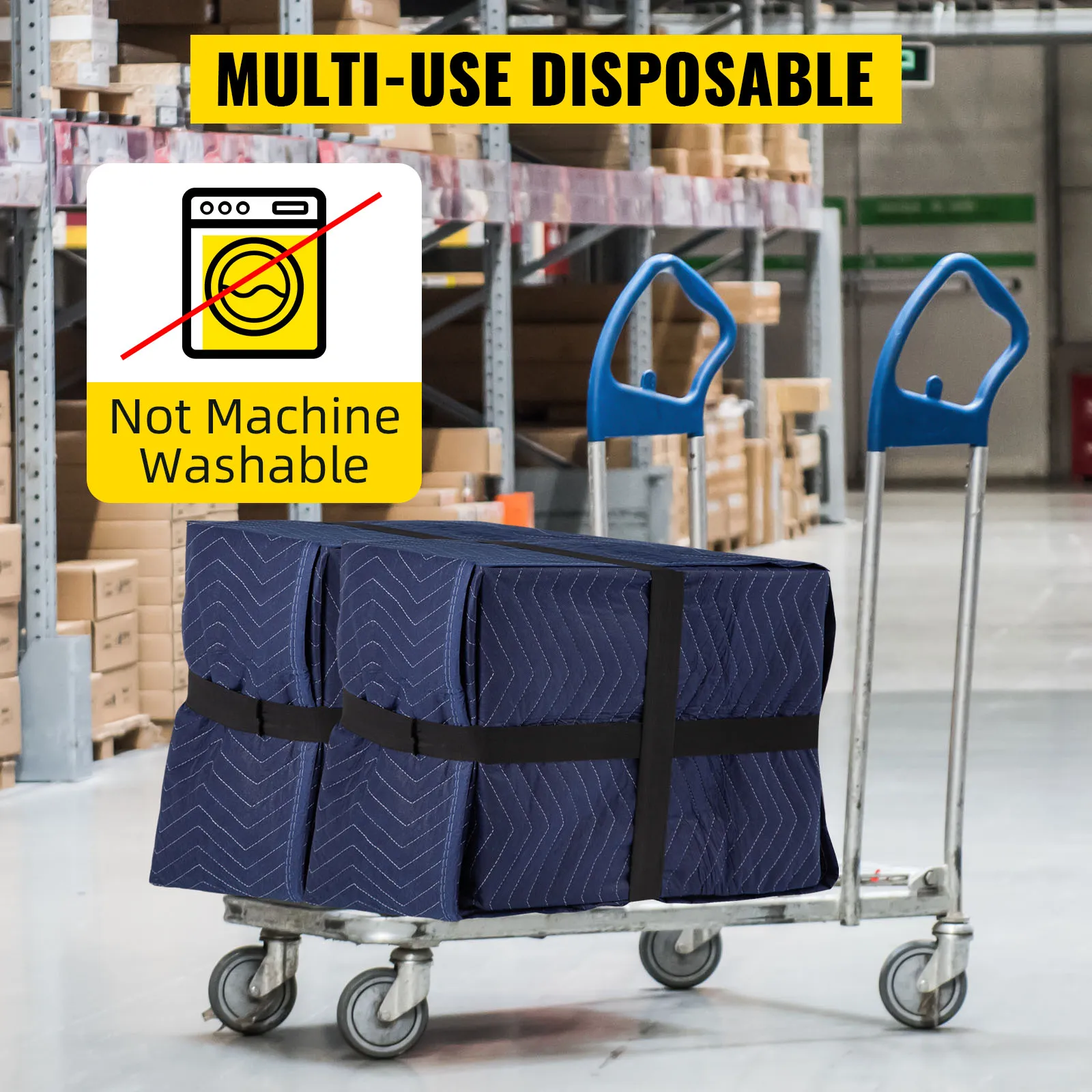 Mantas móviles VEVOR en un carrito en un almacén; etiquetadas como multiusos, desechables y no lavables a máquina.
