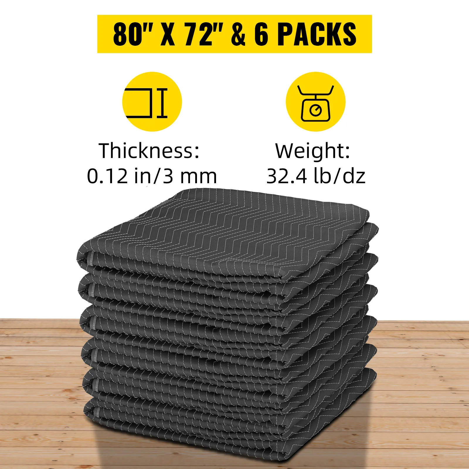 Mantas móviles VEVOR de 80" x 72", 6 paquetes, grosor 0,12 in/3 mm, peso 32,4 lb/dz apiladas sobre suelo de madera.