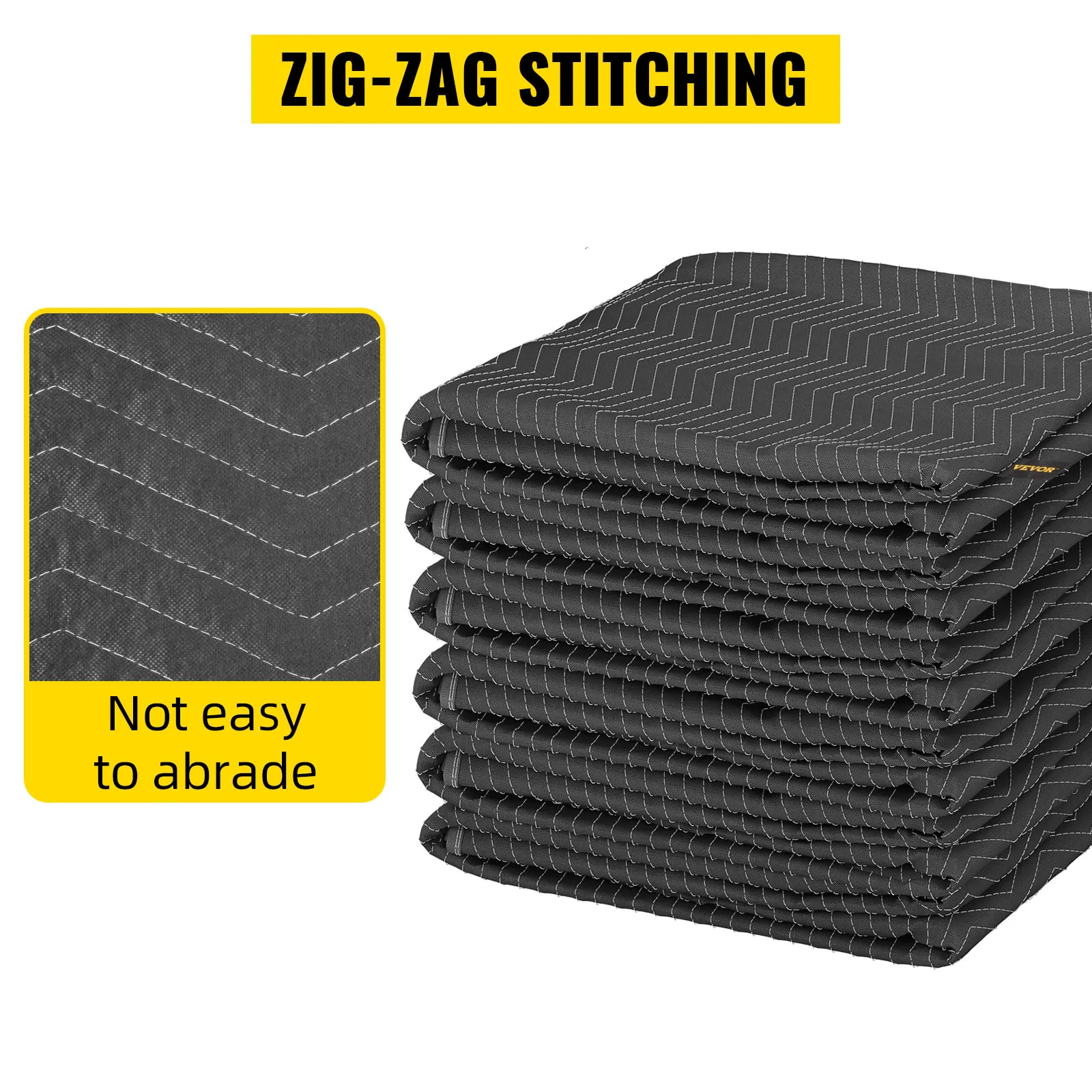 pila de mantas móviles VEVOR negras con costuras en zigzag y texto "no es fácil de desgastar" en amarillo.