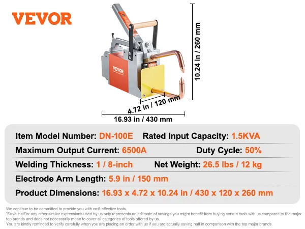 VEVOR spot welder dn-100e specs: 1.5kva, 6500a, 1/8-inch welding, 16.93 x 4.72 x 10.24 in, 26.5 lbs.